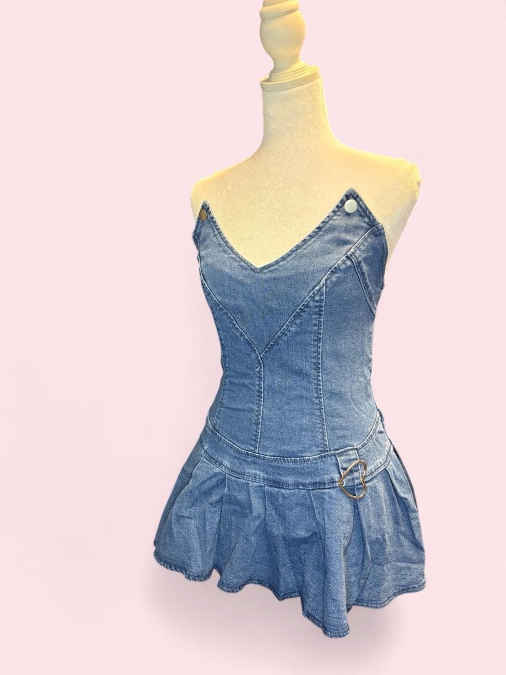 Denim Mini Dress with Heart Buckle